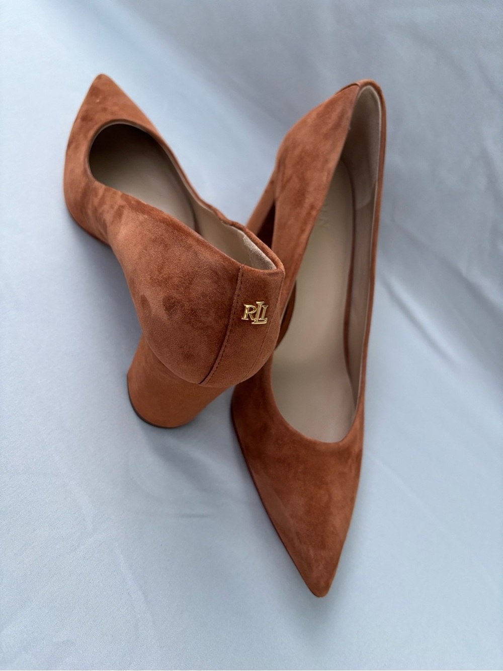 Ralph Lauren Rust Suede Pointed Block Heel Pumps with Gold RL Accent Size 9